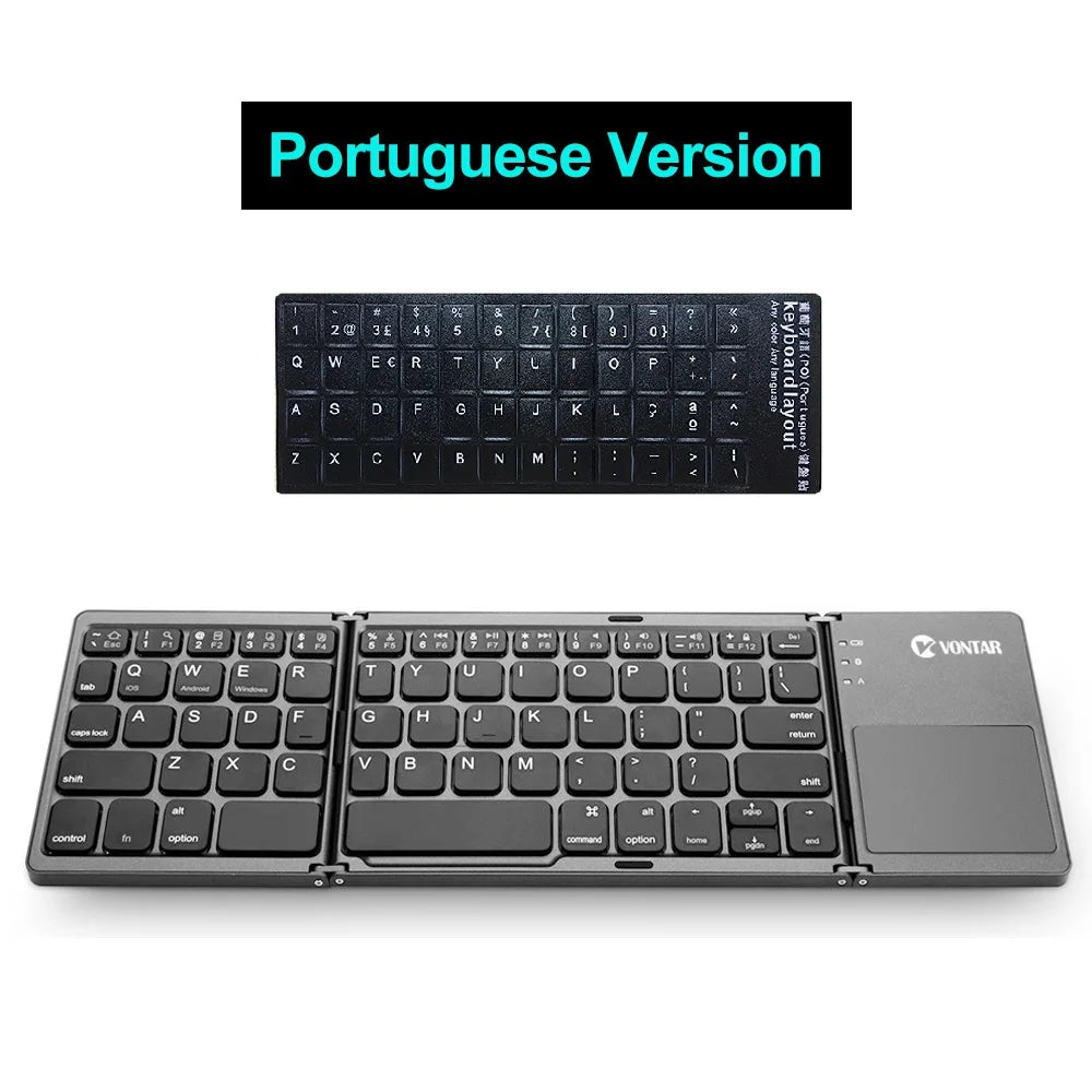 Teclado sem fio dobrável portátil, teclado touchpad dobrável recarregável russo para iOS, Android e Windows com suporte para Bluetooth