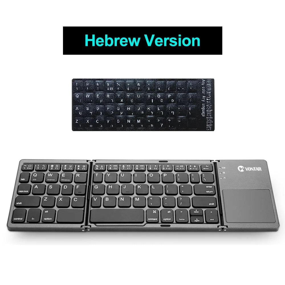 Teclado sem fio dobrável portátil, teclado touchpad dobrável recarregável russo para iOS, Android e Windows com suporte para Bluetooth