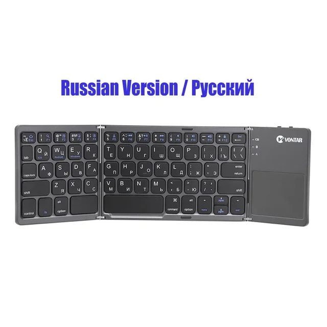 Teclado sem fio dobrável portátil, teclado touchpad dobrável recarregável russo para iOS, Android e Windows com suporte para Bluetooth
