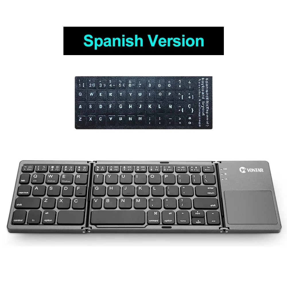 Teclado sem fio dobrável portátil, teclado touchpad dobrável recarregável russo para iOS, Android e Windows com suporte para Bluetooth