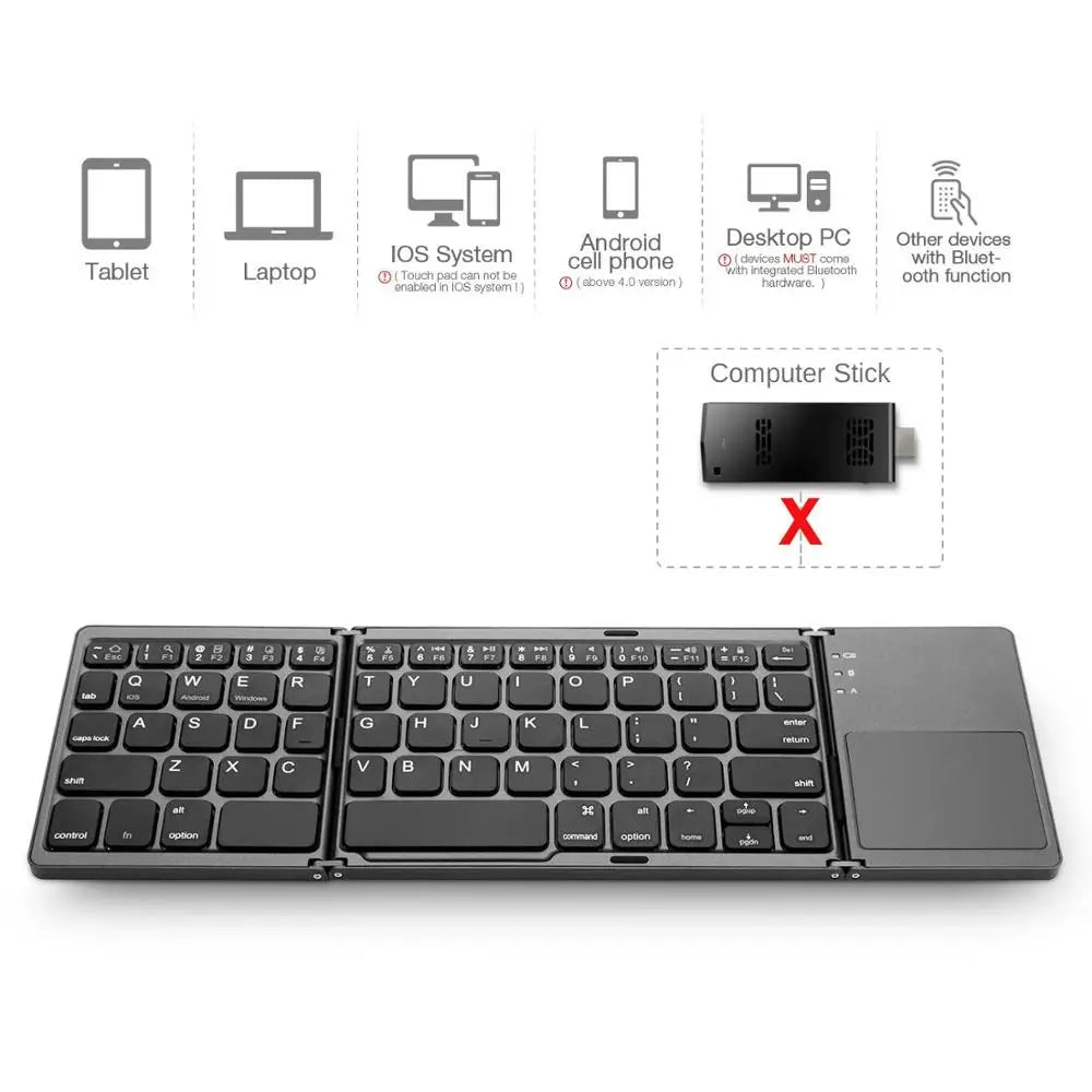 Teclado sem fio dobrável portátil, teclado touchpad dobrável recarregável russo para iOS, Android e Windows com suporte para Bluetooth