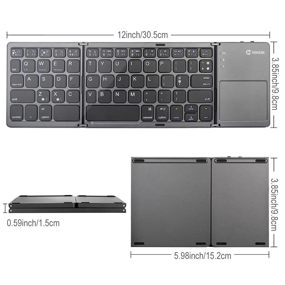 Teclado sem fio dobrável portátil, teclado touchpad dobrável recarregável russo para iOS, Android e Windows com suporte para Bluetooth