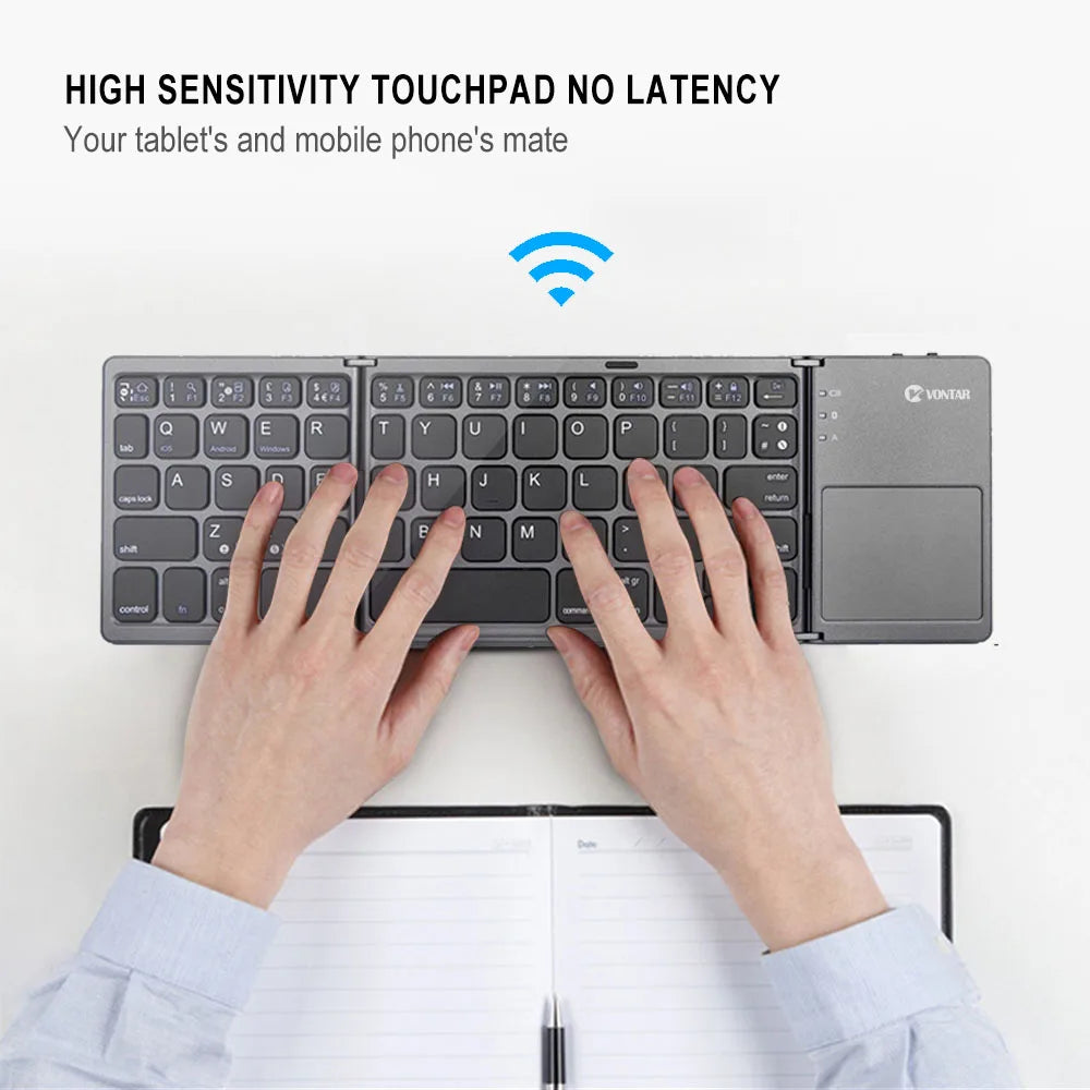 Teclado sem fio dobrável portátil, teclado touchpad dobrável recarregável russo para iOS, Android e Windows com suporte para Bluetooth
