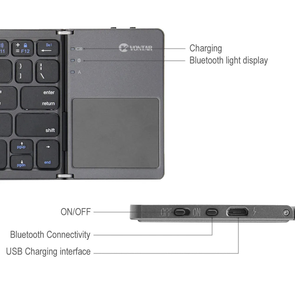 Teclado sem fio dobrável portátil, teclado touchpad dobrável recarregável russo para iOS, Android e Windows com suporte para Bluetooth