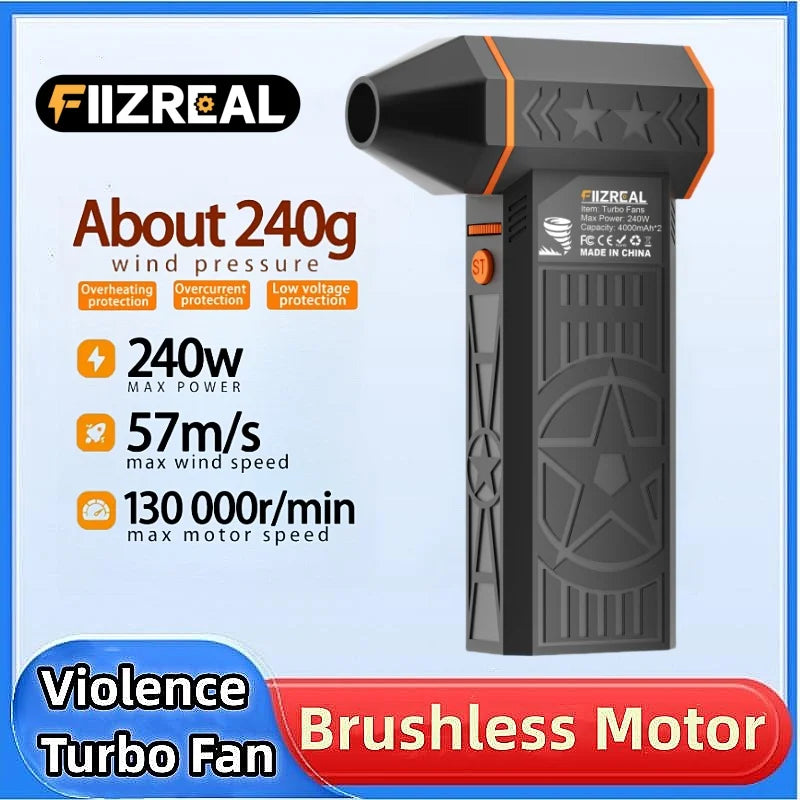 Ventilador turbo sem escova Fiizreal X50 de 240 W, portátil, de alta velocidade, recarregável, 8000 mAh, 57 m/s, Typhoon Wind, tipo C