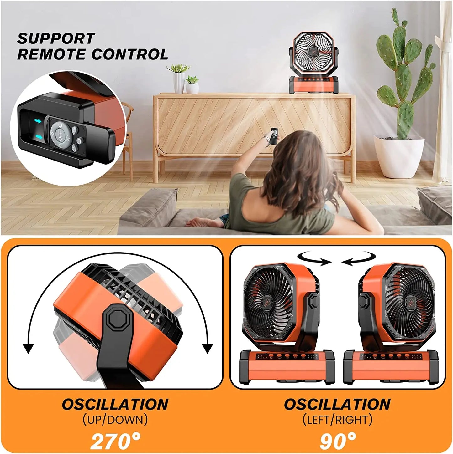 Ventilador de acampamento circulador de ar 20000mAh com luz, oscilador automático, ventilador sem fio, recarregável