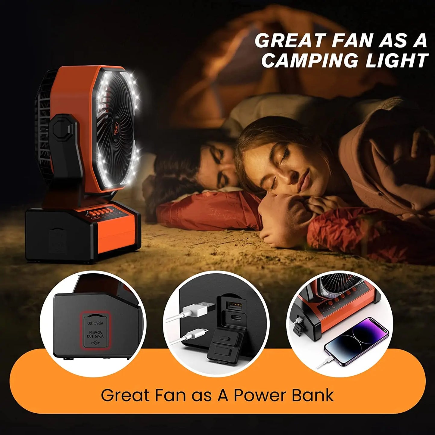 Ventilador de acampamento circulador de ar 20000mAh com luz, oscilador automático, ventilador sem fio, recarregável