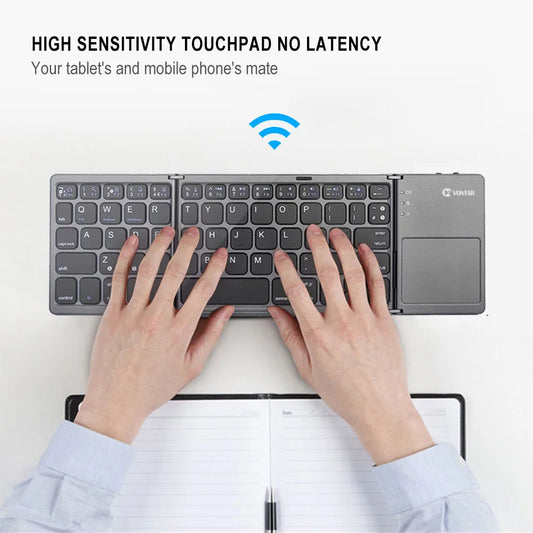 Teclado sem fio dobrável portátil, teclado touchpad dobrável recarregável russo para iOS, Android e Windows com suporte para Bluetooth