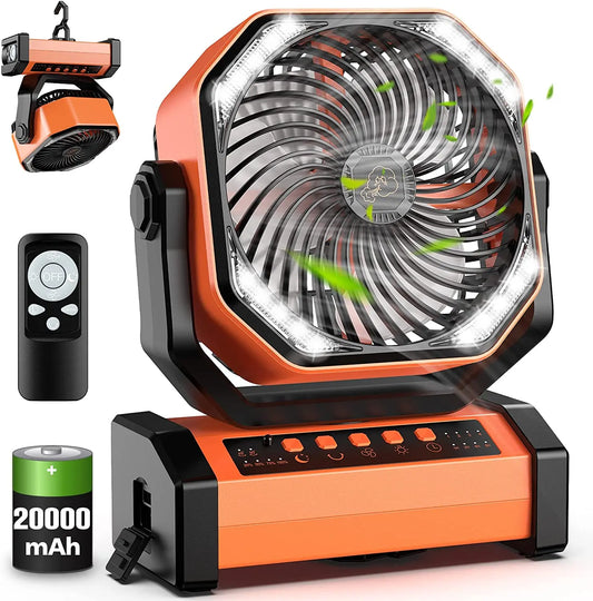 Ventilador de acampamento circulador de ar 20000mAh com luz, oscilador automático, ventilador sem fio, recarregável